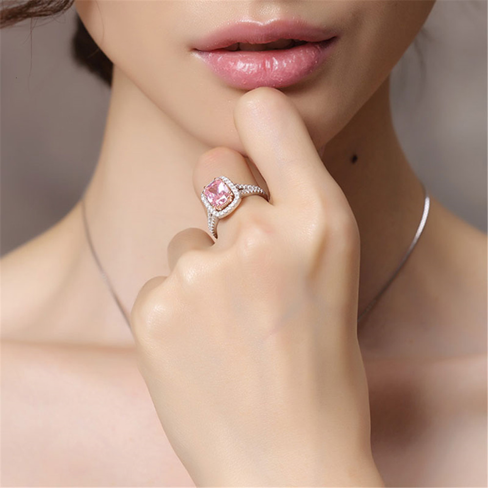 Solitaire Ring Charms Pink Quartz Wedding Rings Women's 925 Sterling Silver Jewelry Ring Romantic Gemstone Engagement Anniversary Party Gifts 230