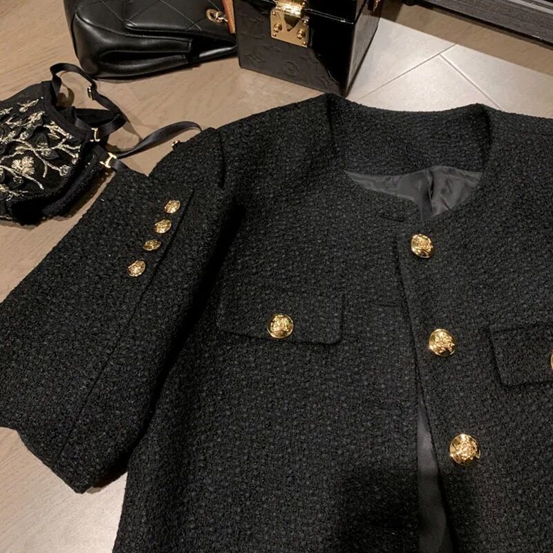 Women's Jackets QWEEK Korean Tweed Jackets Women Oversized Single Breasted Woolen Short Coats Autumn Spring Vintage Outerwear Crop Top 230426