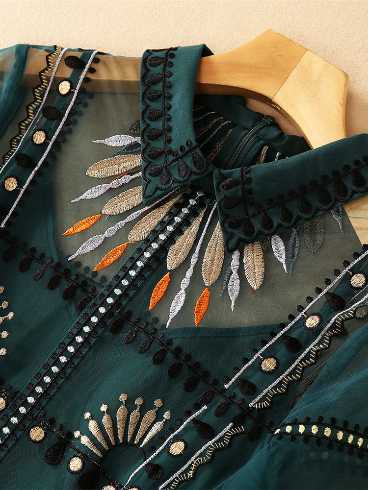 Casual Dresses Summer Runway Green Mesh Embroidery Dress Women's Short Sleeve Vintage Dot Embroidered Tulles Elegant Evening Party Long Vestido 2