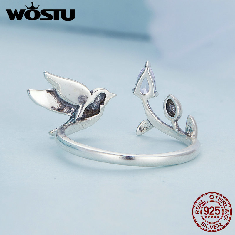 Solitaire Ring WOSTU 100% 925 Sterling Silver Kingfisher Open Ring For Women party Engagement flower bird style ring Fine Jewelry Gifts 230425