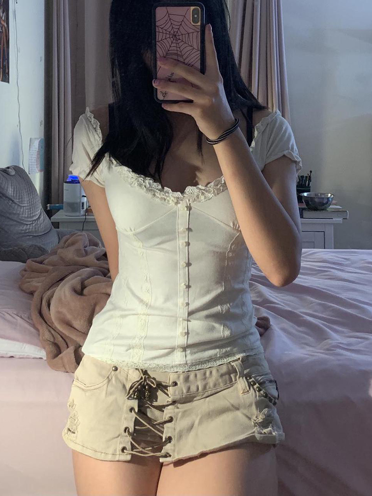 Women's T-Shirt Rapcopter y2k Frill Crop Top Button Short Sleeve Cute Sweet Tee Women Vintage Basic Casual T Shirt Women Summer Chic Korean Tops 