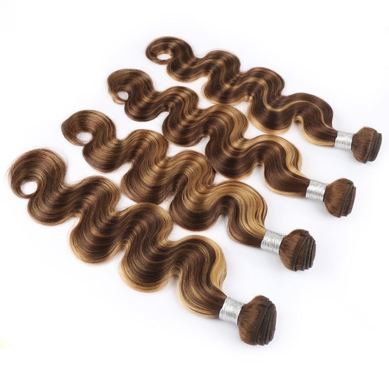 Brazilian Human Hair 3 Bundles With 4X4 Lace Closure P4/27 Piano Color 4 PCS/lot Straight Body Wave Double Wefts With Closures Free Part