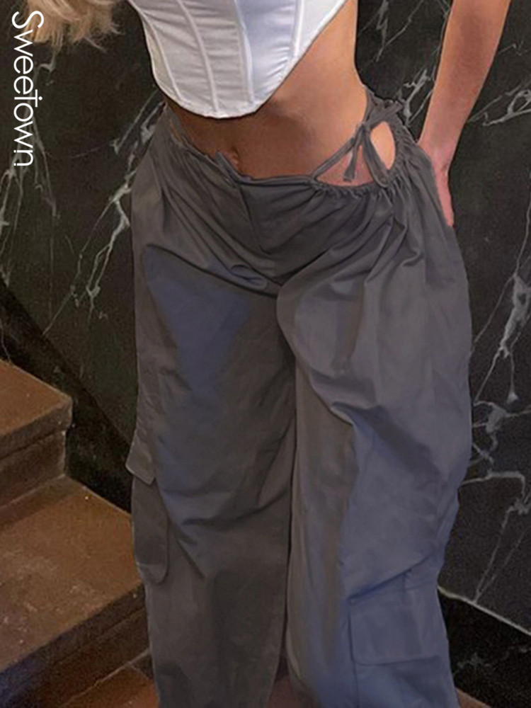 Women's Pants Capris Sweetown Cut Out Low Waist Bandage Hippie Joggers Women Y2K Streetwear High Street Baggy Cargo Pants Korean Fashion Techwear