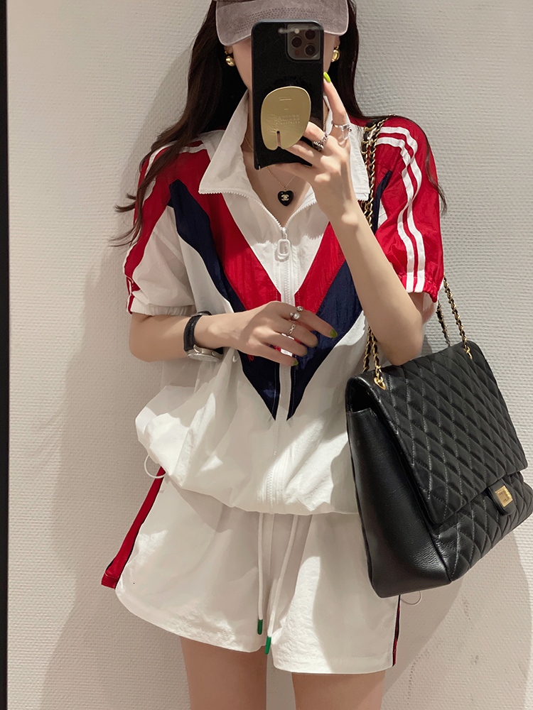 Women's Tracksuits Fashion Casual Sports Suit Women 2023 Thin Polo Neck Coat TopsElastic Waist Shorts Short Sleeve 2 Piece Set Outfit 230425