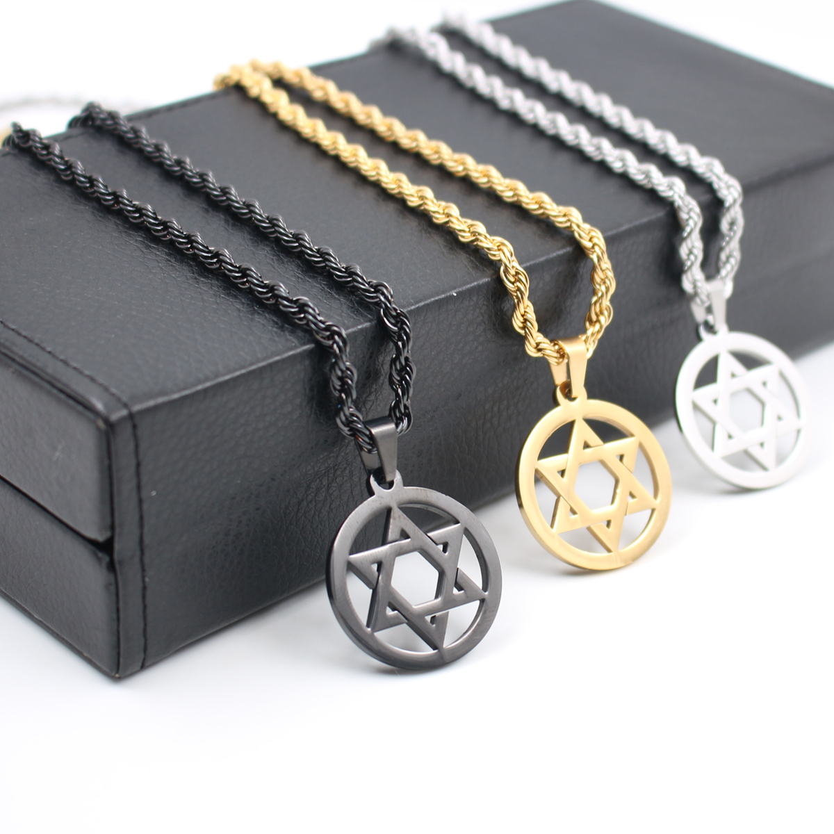 Judaism Jewelry Silver/Gold Hexagram Fashion Stainless steel star of David Pendant Box Chain Necklace Men gifts 24inch