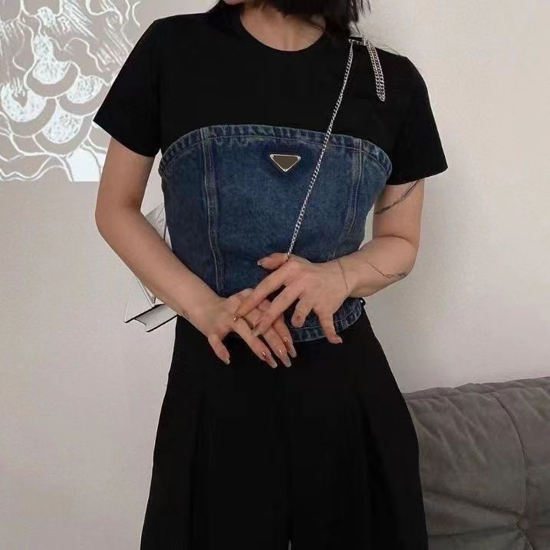 Womens designer triangle label temperament off-shoulder denim top slim show short style outside wear top trend, Blue
Womens designer triangle label temperament off-shoulder denim top slim show short style outside wear top trend, Blue
