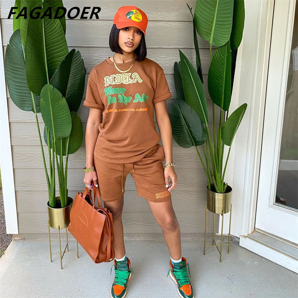 Women's Tracksuits FAGADOER Women Two Piece Sets Summer Letter Print Round Neck Tshirt And Shorts Tracksuits Casual Female Jogger Matching Outfit
