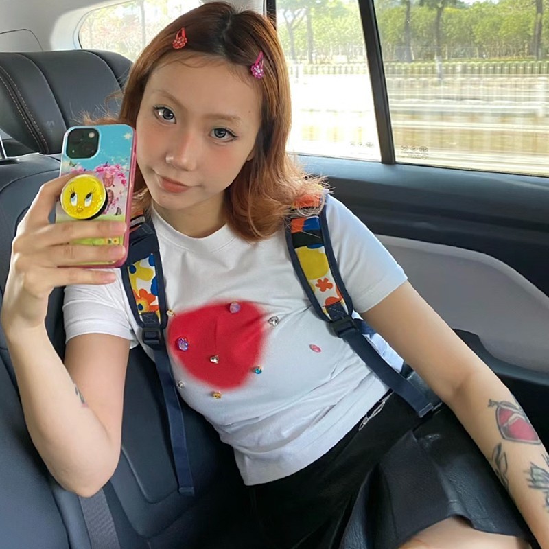 Women's T-Shirt Karrram Y2k Aesthetics Crop Top Grunge Diamond Short Sleeve T-shirt Slim E-girl 2000s Clothes Korean Fashion Streetwear Harajuku 