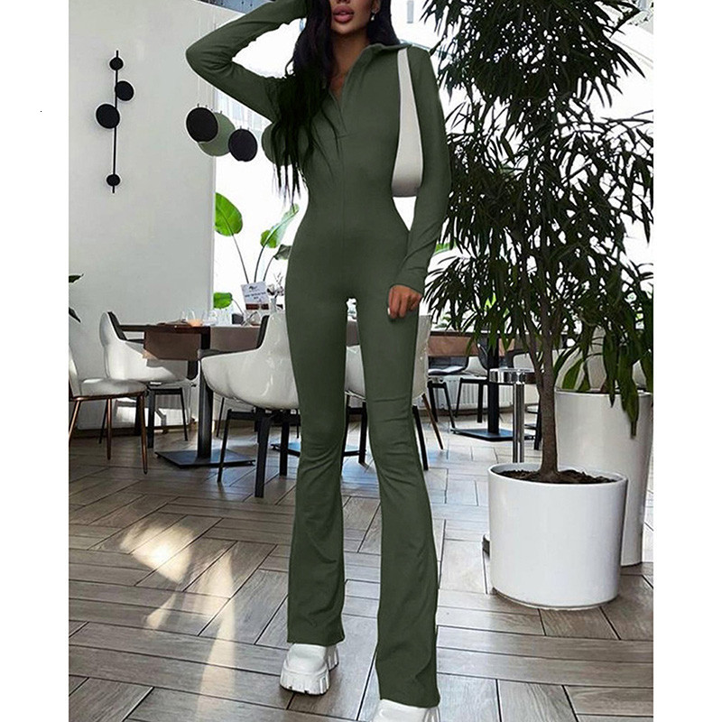 Women's Jumpsuits Rompers Casual High Street Slimming Jumpsuits Women Solid Color Lapel Romper Trousers Bell Bottoms Ladies Autumn Spring Outfits