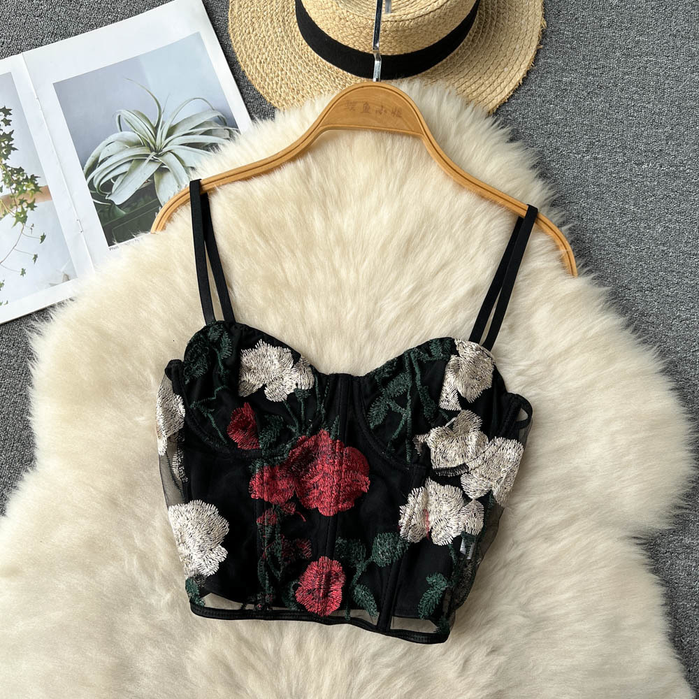 Camisoles Tanks Chic Camisole Sweet Floral Embroidery Bra Female Camis Fishbone Spicy Girl Tank Sleeveless Crop Top Women Clothes Drop 230426