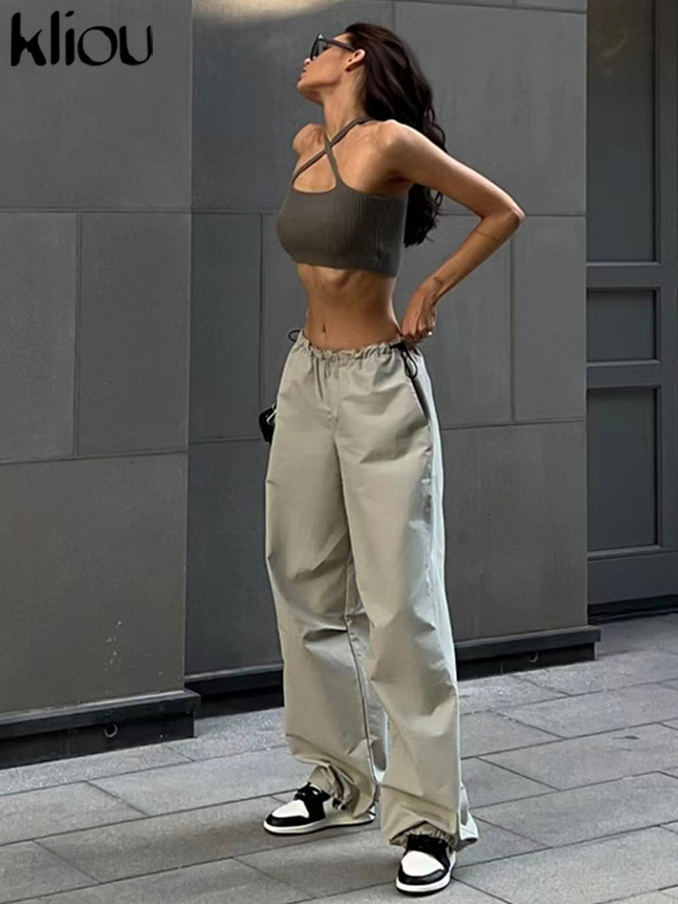Women's Pants Capris Kliou Solid Casual Oversized Cargo Pants Women Hipster Drawstring Loose Harajuku Vintage Trousers Streetwear Female Bottoms 