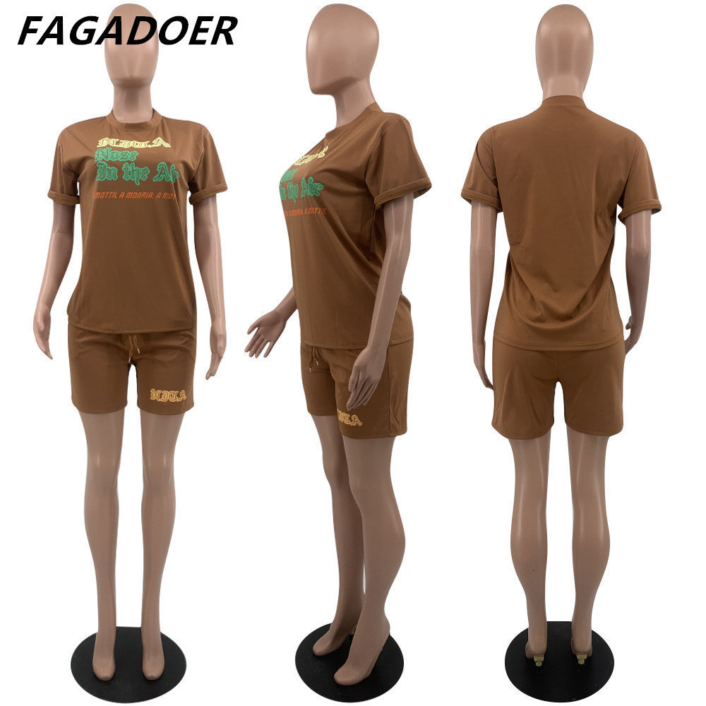 Women's Tracksuits FAGADOER Women Two Piece Sets Summer Letter Print Round Neck Tshirt And Shorts Tracksuits Casual Female Jogger Matching Outfit
