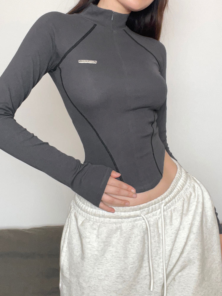 Women's T-Shirt Weekeep Casual Zip Up Turtleneck Crop Top Stitched Long Sleeve Skinny T-shirts y2k Aesthetic Streetwear Harajuku Women Clothing 2