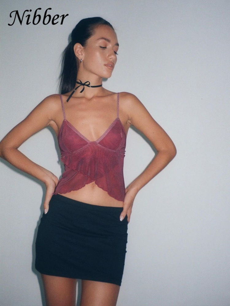 Camisoles Tanks Nibber Mesh See Through Printed Vest Women Sexy Casual V-neck Sleeveless Suspender Camisole Patchwork Tank Top Streetwear 230426