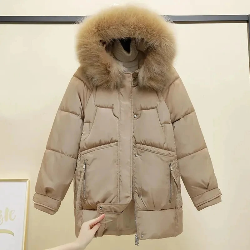 Women's Down Parkas Hdspq Women Cotton Padded Jacket Winter Fur Collar Hooded Thicken Parka Woman 2023 Casual Pockets Zipper Outerwear Female 231