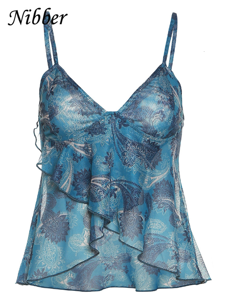 Camisoles Tanks Nibber Mesh See Through Printed Vest Women Sexy Casual V-neck Sleeveless Suspender Camisole Patchwork Tank Top Streetwear 230426