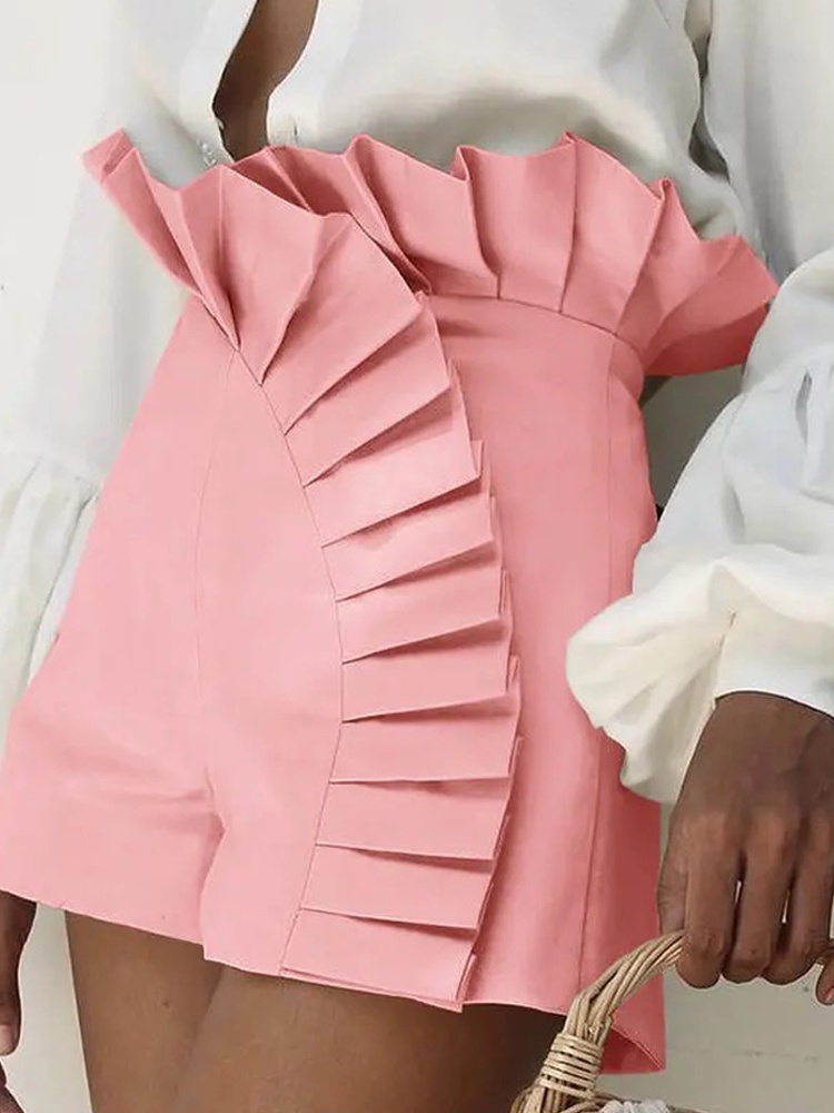 Women's Short's Bottom Ruffle Hem Shorts Pleated High Waist Solid 2023 Fashion Pant Elegant Summer Casual Female Clothing Outfits 230426