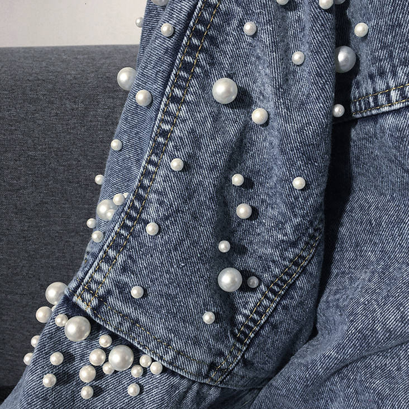 Women's Jackets Rimocy Pearls Denim Coats for Women Fashion Buttons Long Sleeve Crop Tops Woman Blue Loose Streetwear Jackets Female 230426