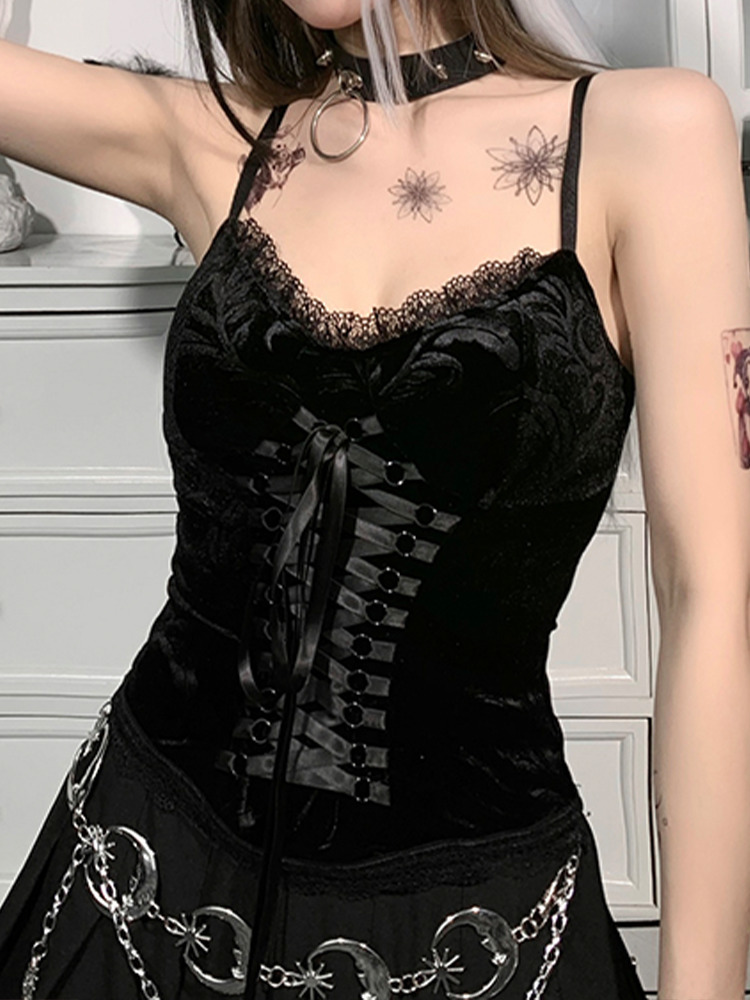 Camisoles Tanks InsGoth Goth Lace-Up Black Camis Vintage Bandage Velvet Corset Tops Gothic Aethetic Lace Trim Women Sexy Backless Basic Camisole 23042