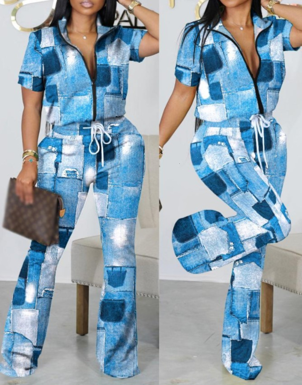 Women's Two Piece Pants Summer Fashion Print Two Piece Set Women Casual Zipper Short-sleeved Shirt Flared Pants Two Piece Suit Women Outfit 23042