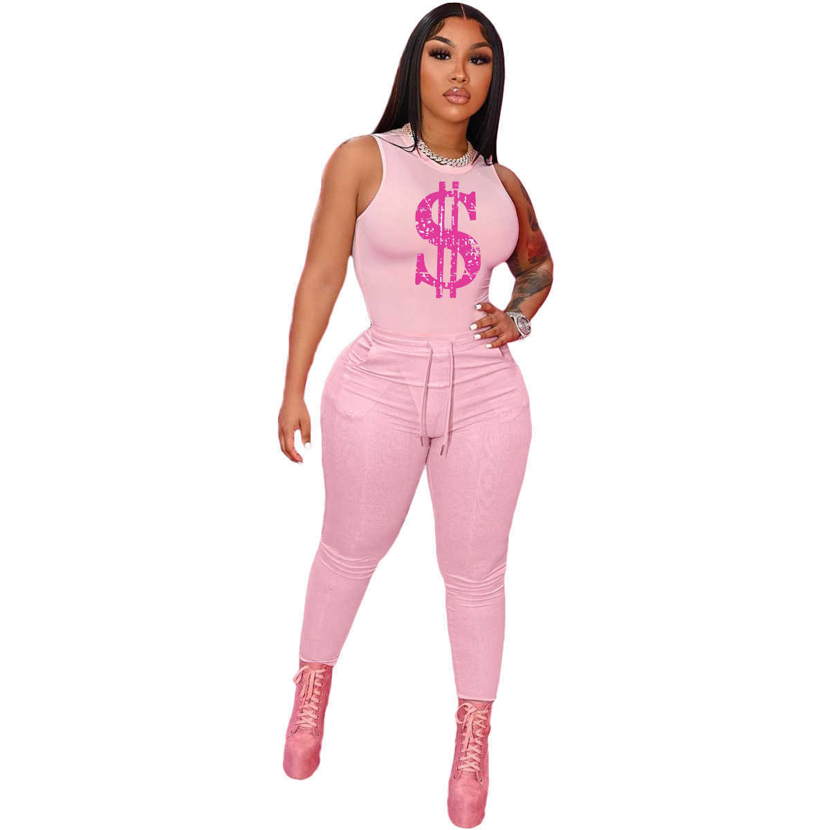 Designer 2023 summer Camisole Print pant suit womens solid color casual string pocket two-piece set