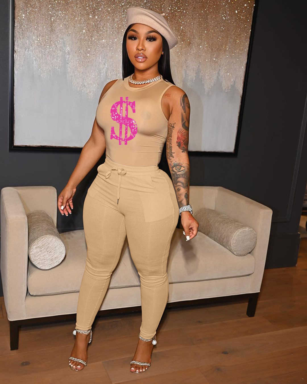 Designer 2023 summer Camisole Print pant suit womens solid color casual string pocket two-piece set