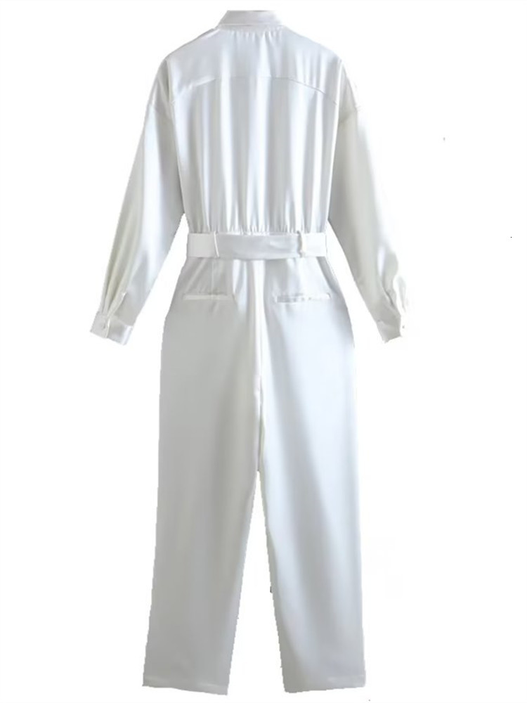 Women's Jumpsuits Rompers Women's Coverall Lapel Long Sleeves With Belt High Waist Rompers Fashion Faux Satin Fabric All-In-One Suit For Spr