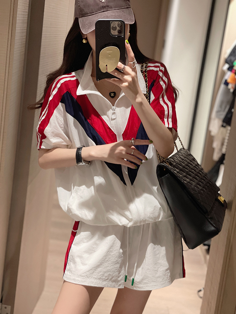 Women's Tracksuits Fashion Casual Sports Suit Women 2023 Thin Polo Neck Coat TopsElastic Waist Shorts Short Sleeve 2 Piece Set Outfit 230425
