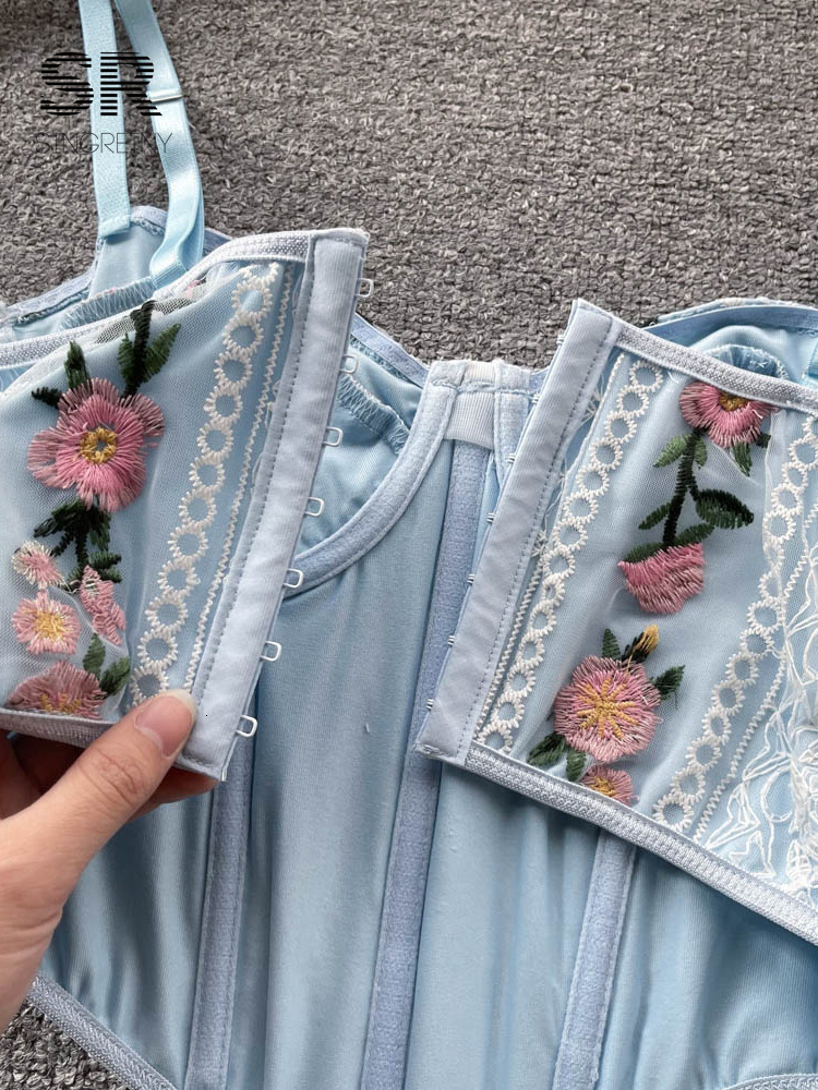 Camisoles Tanks SINGREINY Floral Embroidery Lace Sexy Camisole Fashion Women Backless Blue French Y2K Female Summer Beach Style Crop Tops 230426