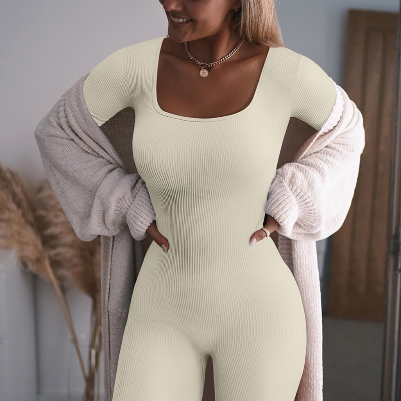 Women's Jumpsuits Rompers ribbed jumpsuit with thumbhole long sleeved square neckline tight MXMA 230425