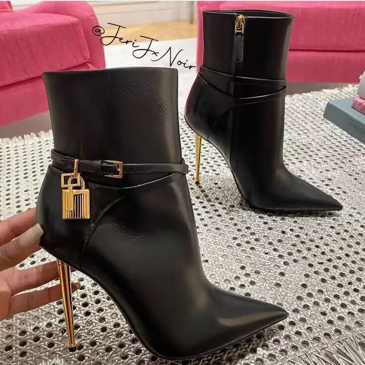 Winter Metal lock decoration Calf leather High heel boots side zip shoes pointed Fashion BootsToe stiletto Ankle booties designers shoe women factory footwear