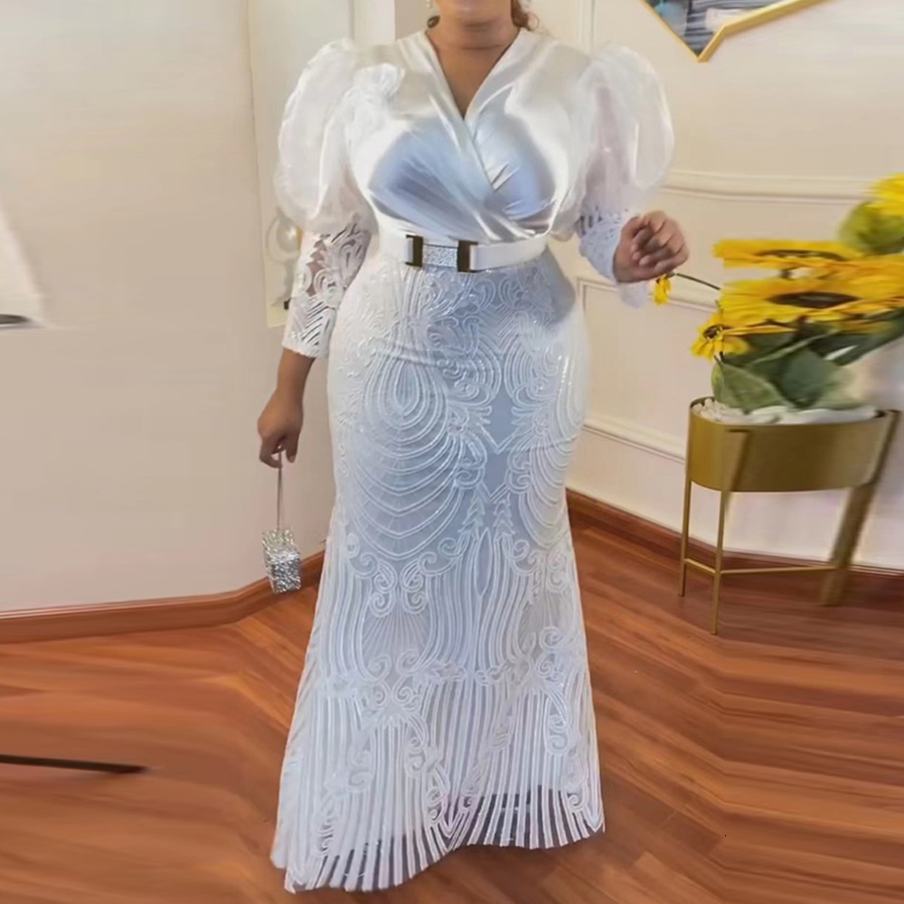 Ethnic Clothing MD African Plus Size Lace Dresses For Women Dubai Turkey White Abaya Maxi Robe Wedding Party Evening Gown Ankara Dashiki Outfits 23042