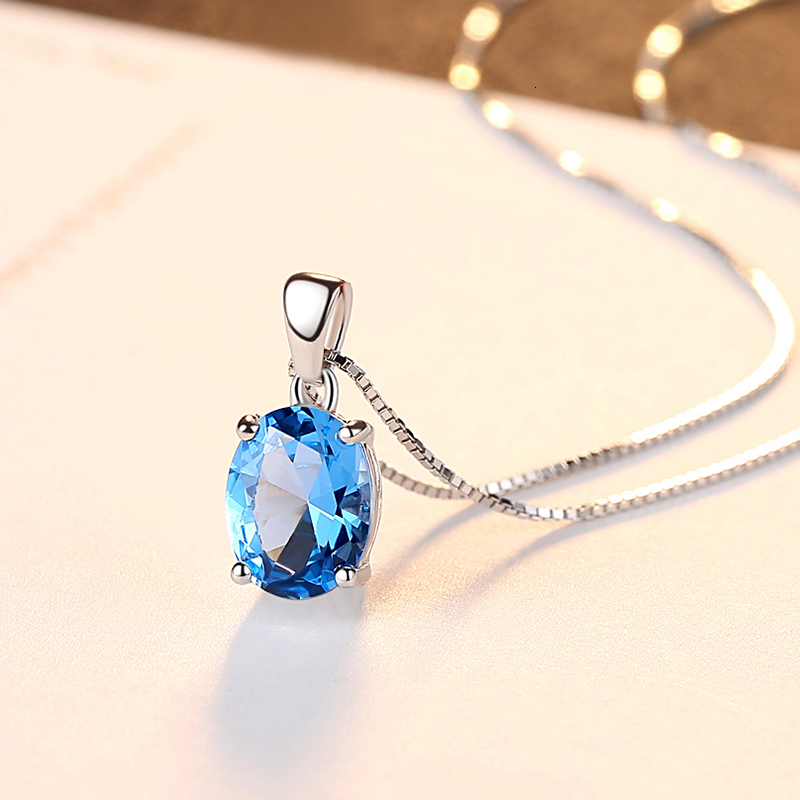 Pendant Necklaces CZCITY Synthetic Sky Blue Topaz 925 Sterling Silver Necklace For Women Classic Oval Stone Pendant Chian Wedding Fine Jewelry 230425