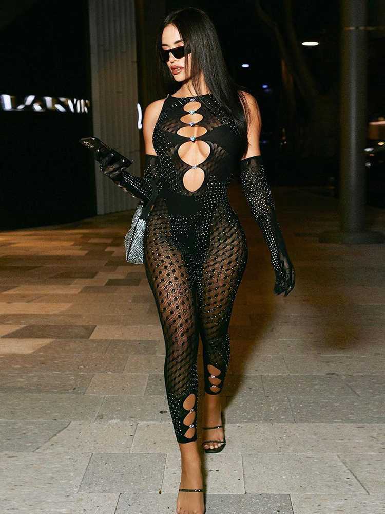 Womens Jumpsuits Rompers Sexy Sleeveless Seethrough Mesh Patchwork Jumpsuit Women 2023 Spring Summer Rhinestones Zipup Party Night Club Bodysuit Blac 