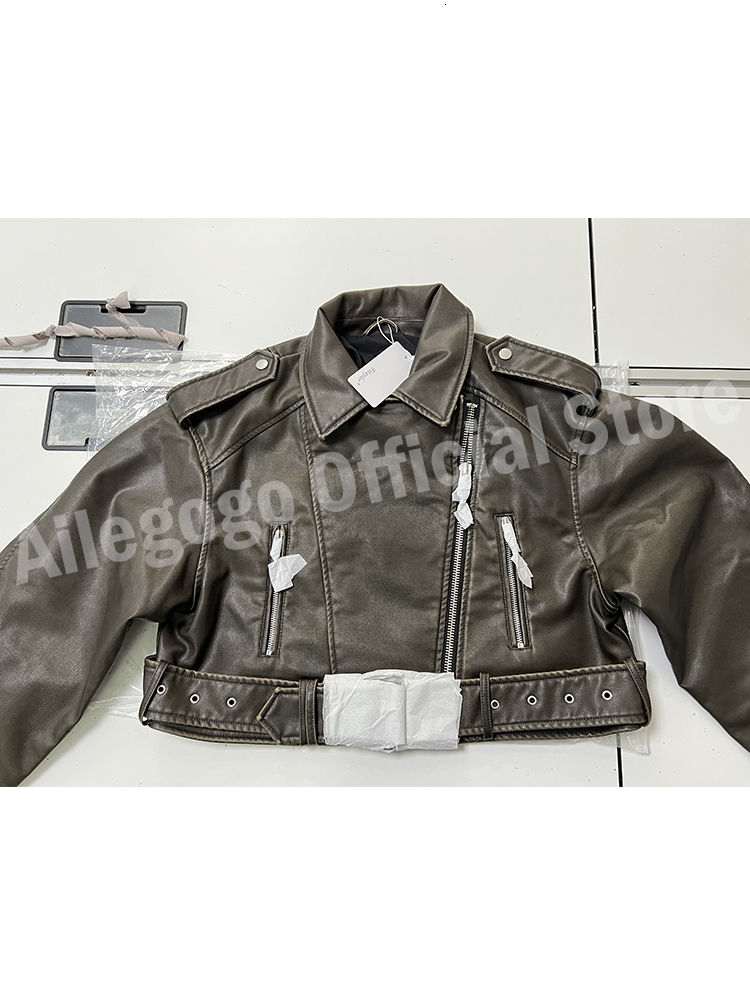 Women's Jackets Ailegogo Women Vintage Loose Pu Faux Leather Short Jacket with Belt Streetwear Female Zipper Retro Moto Biker Coat Outwear Tops 2
