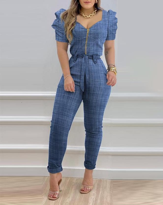 Women's Jumpsuits Rompers Casual women's jumpsuit Summer Fashion Office Zipper with Belt Puff Sleeve Zipper Front Belted Jumpsuit 230426