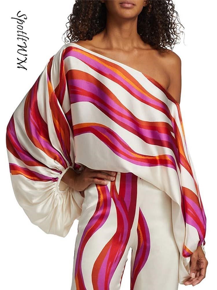 Women's Two Piece Pants Chic Print Lantern Sleeve Satin Top Wide Leg Pant Suit Women Sexy Off Shoulder Long Sleeve 2 Piece Set Casual Office Lady