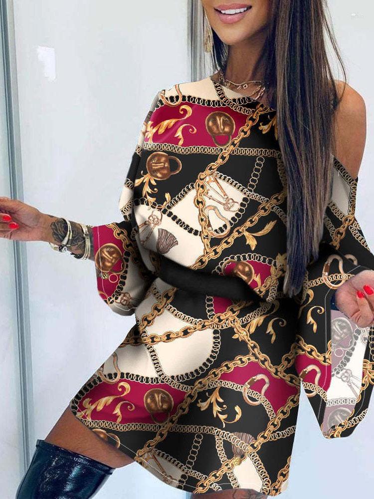 Casual Dresses Ladies Spring Autumn Off Shoulder Sexy Party A-Line Mini Dress 2023 Women Elegant Vintage Print Commute