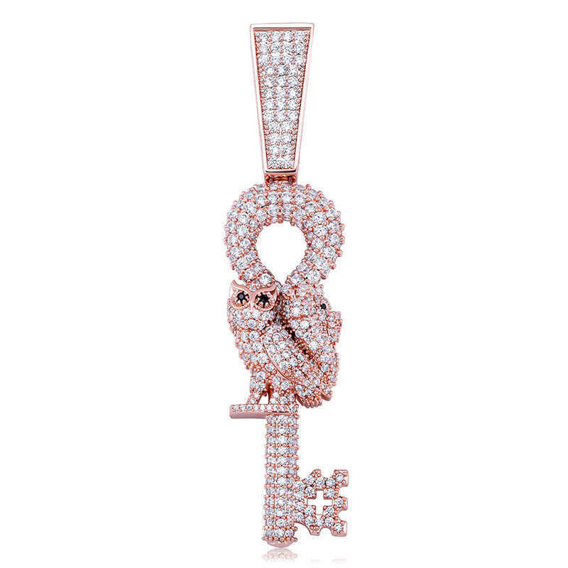 Golden Owl Key Hip Hop Pendant Necklace Full Iced Out Cubic Zircon Punk Rock Charms Necklaces Bling Pendants Real Gold Plated Bling CZ Hip Hop Jewelry