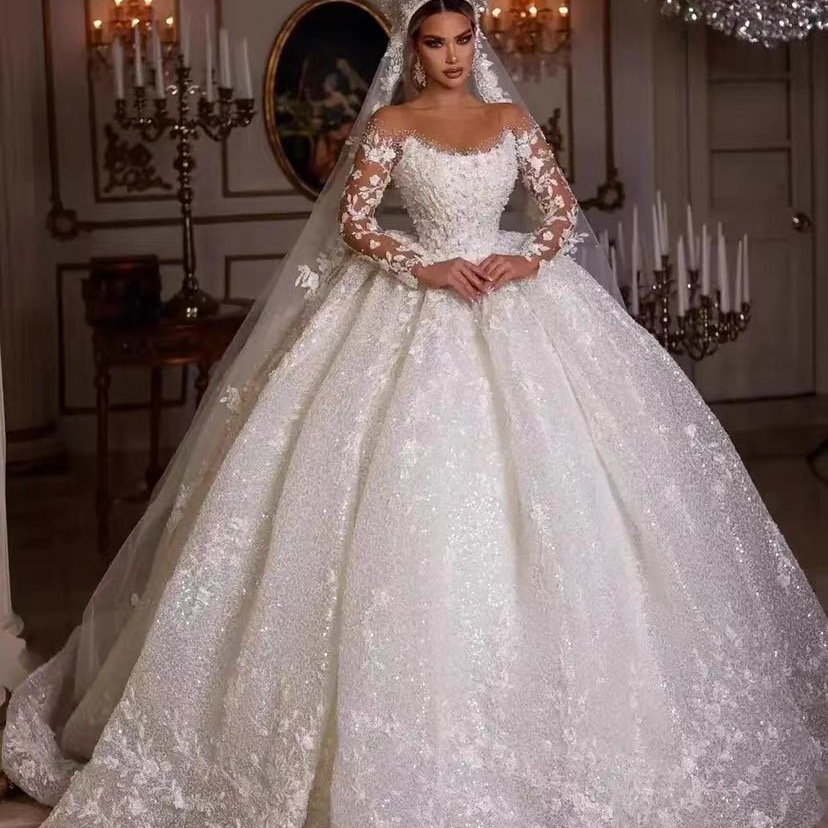 Sleeves Long Shiny Tulle Princess Garden Country Vintage Lace Sexy Plus Size Custom Made Wedding Dresses Ball Gowns Cathedral Train Bridal Dress