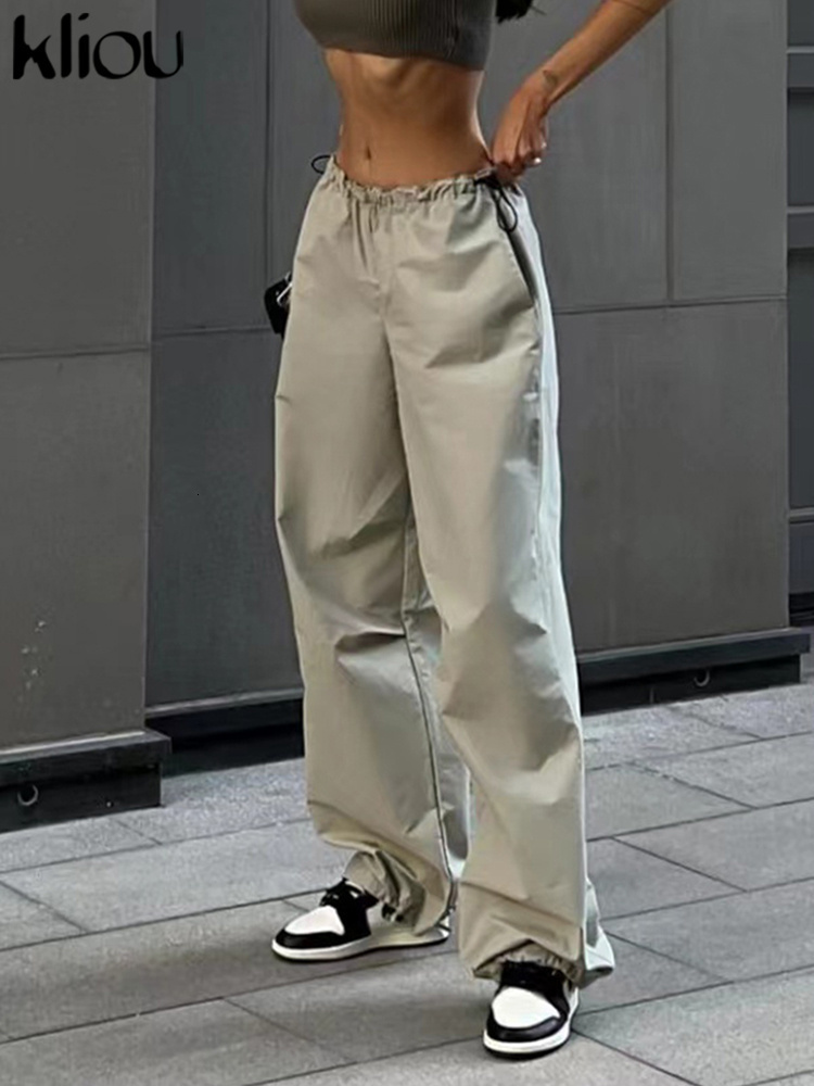 Women's Pants Capris Kliou Solid Casual Oversized Cargo Pants Women Hipster Drawstring Loose Harajuku Vintage Trousers Streetwear Female Bottoms 