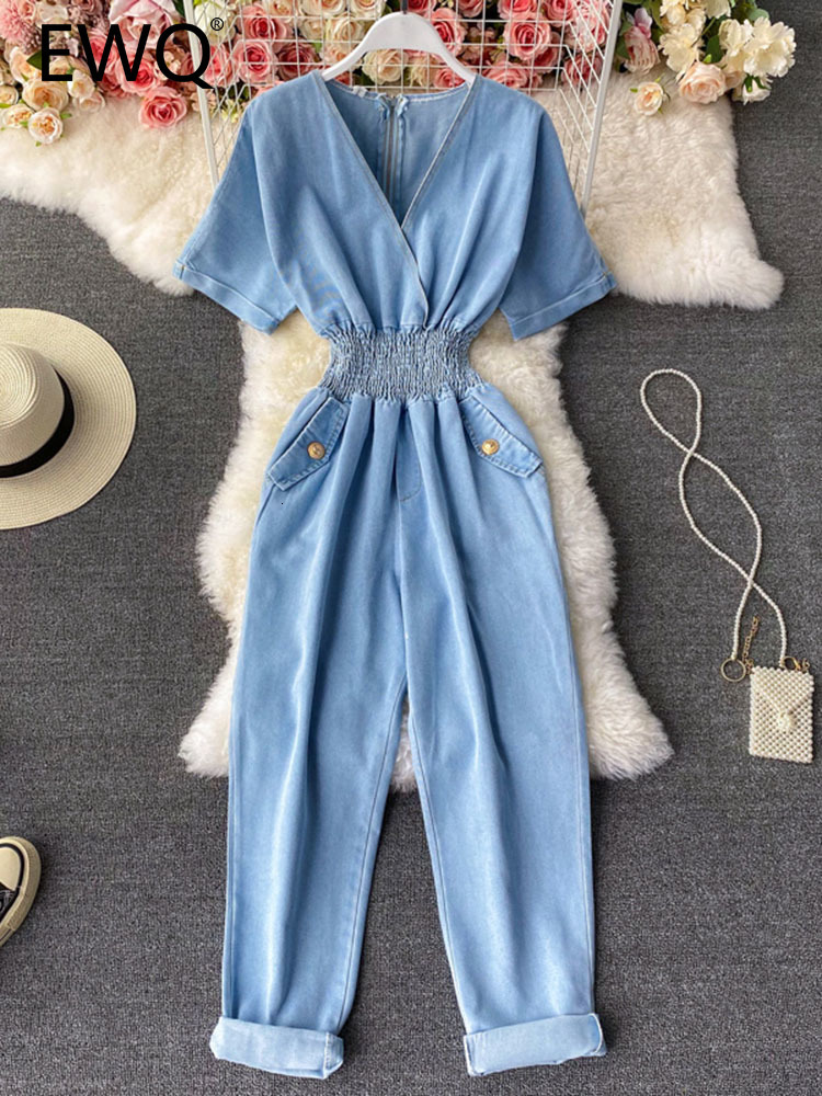 Women's Jumpsuits Rompers EWQ Sweet Style Women Jumpsuits Denim V-neck Short Sleeve Solid Color High Waist Casual Jumpsuit Spring Summer SN0540 2