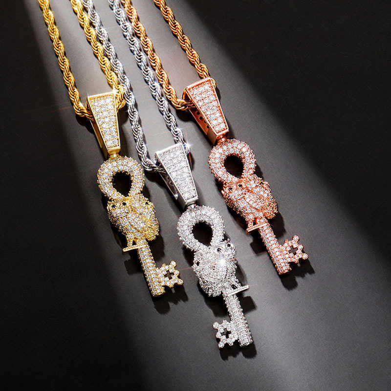 Golden Owl Key Hip Hop Pendant Necklace Full Iced Out Cubic Zircon Punk Rock Charms Necklaces Bling Pendants Real Gold Plated Bling CZ Hip Hop Jewelry