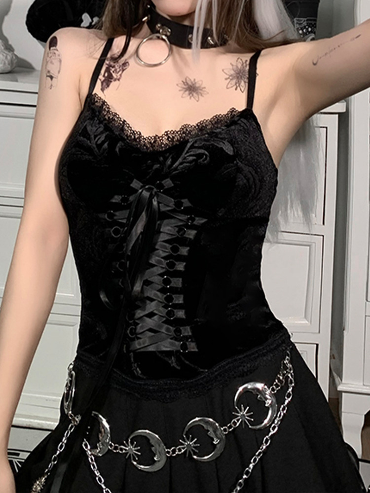 Camisoles Tanks InsGoth Goth Lace-Up Black Camis Vintage Bandage Velvet Corset Tops Gothic Aethetic Lace Trim Women Sexy Backless Basic Camisole 23042