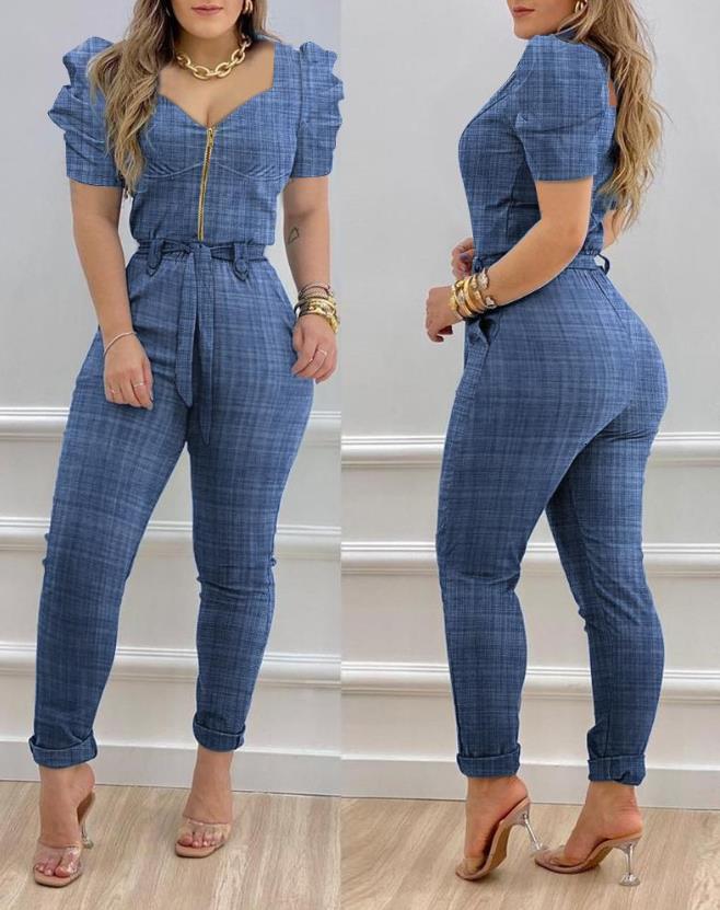 Women's Jumpsuits Rompers Casual women's jumpsuit Summer Fashion Office Zipper with Belt Puff Sleeve Zipper Front Belted Jumpsuit 230426