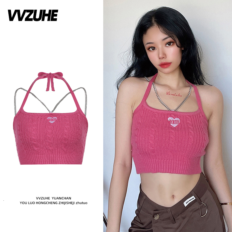 Camisoles Tanks Y2k Fashion Knitted Tank Casual Crop Cami Halter Vest Ropa De Mujer Croptop Summer Basic Backless Streetwear Off Shoulder Top 230425