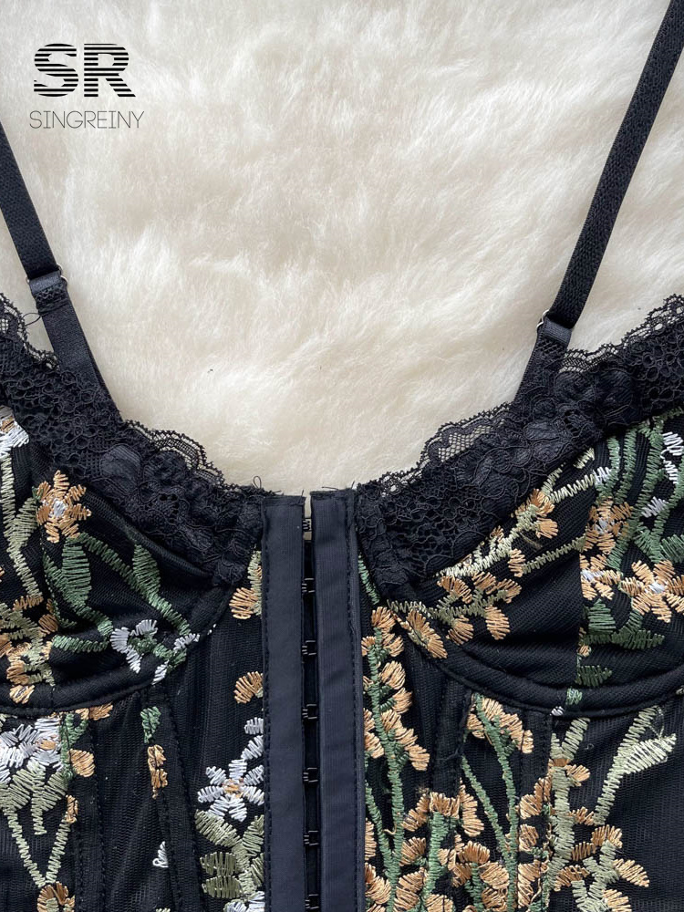 Camisoles Tanks SINGREINY Embroidery Strap Camisole Women Summer Retro French Elastic Waist Lace Female Backless Slim Streetwear Tank Tops 230426