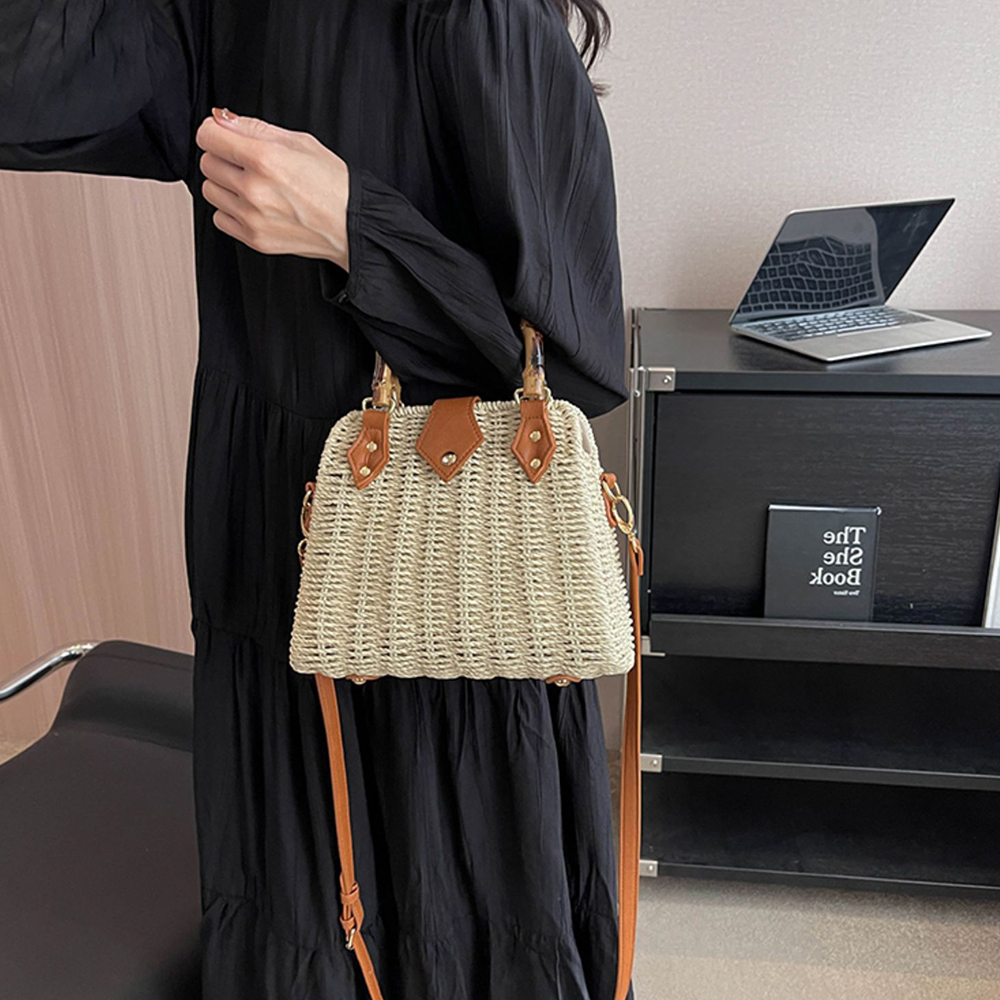 Shopping Bamboo Handle Rattan Handbags Summer Straw Box for Women Fashion Beach Shoulder Crossbody Bag Travel Woven Bags 230426