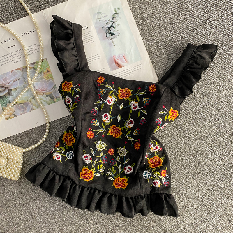 Camisoles Tanks Embroidered crop tops tank top woman sleeveless camisole slim fit tanke tops ruffle camis for women summer 230426