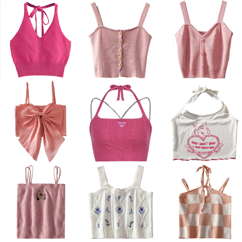 Camisoles Tanks Y2k Fashion Knitted Tank Casual Crop Cami Halter Vest Ropa De Mujer Croptop Summer Basic Backless Streetwear Off Shoulder Top 230425